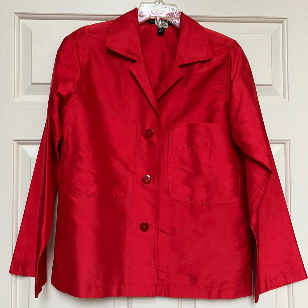 Linda Allard Ellen Tracy Red Silk Shirt Top Quiet Luxury Classic Work Party Glam